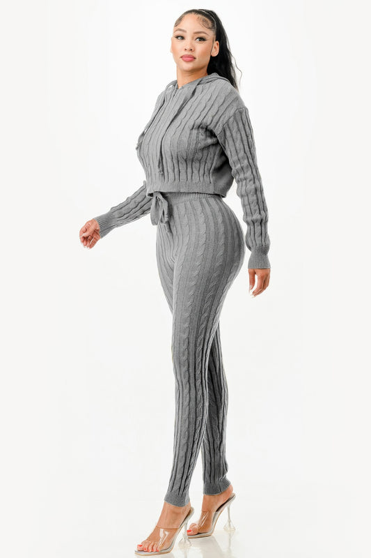 Cable Hoodie Sweater 2pcs Set - Tigbul's Variety Fashion Shop