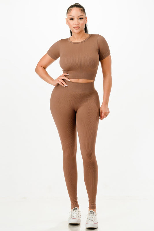 Ribbed Seamless T-shirt And Leggings Set - Tigbul's Variety Fashion Shop