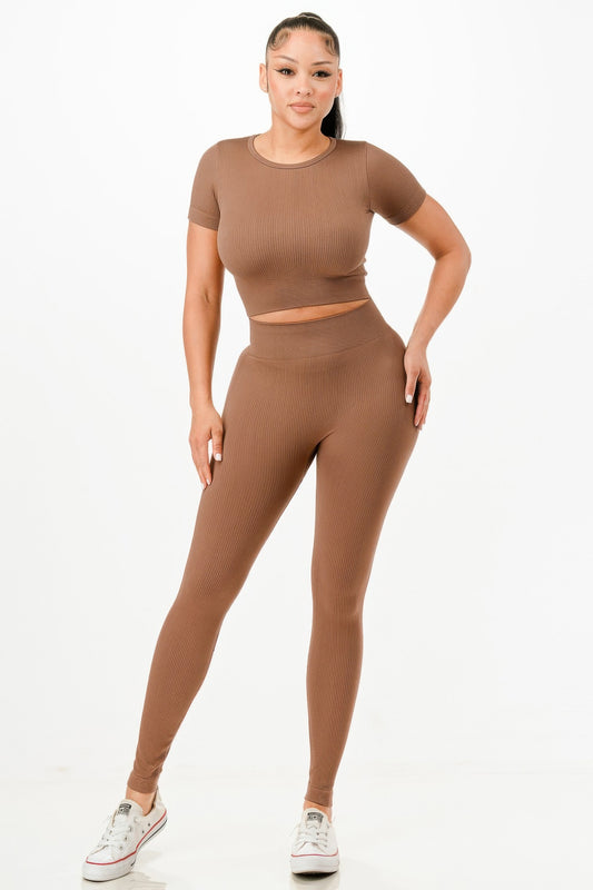 Ribbed Seamless T-shirt And Leggings Set - Tigbul's Variety Fashion Shop