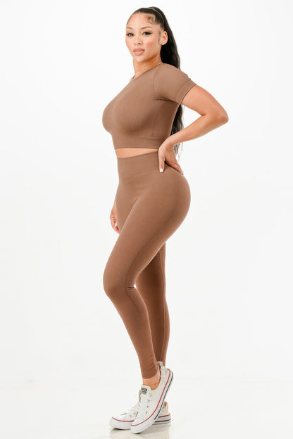 Ribbed Seamless T-shirt And Leggings Set - Tigbul's Variety Fashion Shop