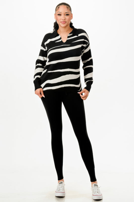 Pullover Collared V-neck Sweater Top And Pant Set - Tigbul's Variety Fashion Shop