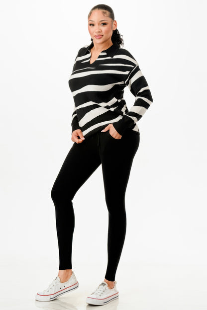 Pullover Collared V-neck Sweater Top And Pant Set - Tigbul's Variety Fashion Shop