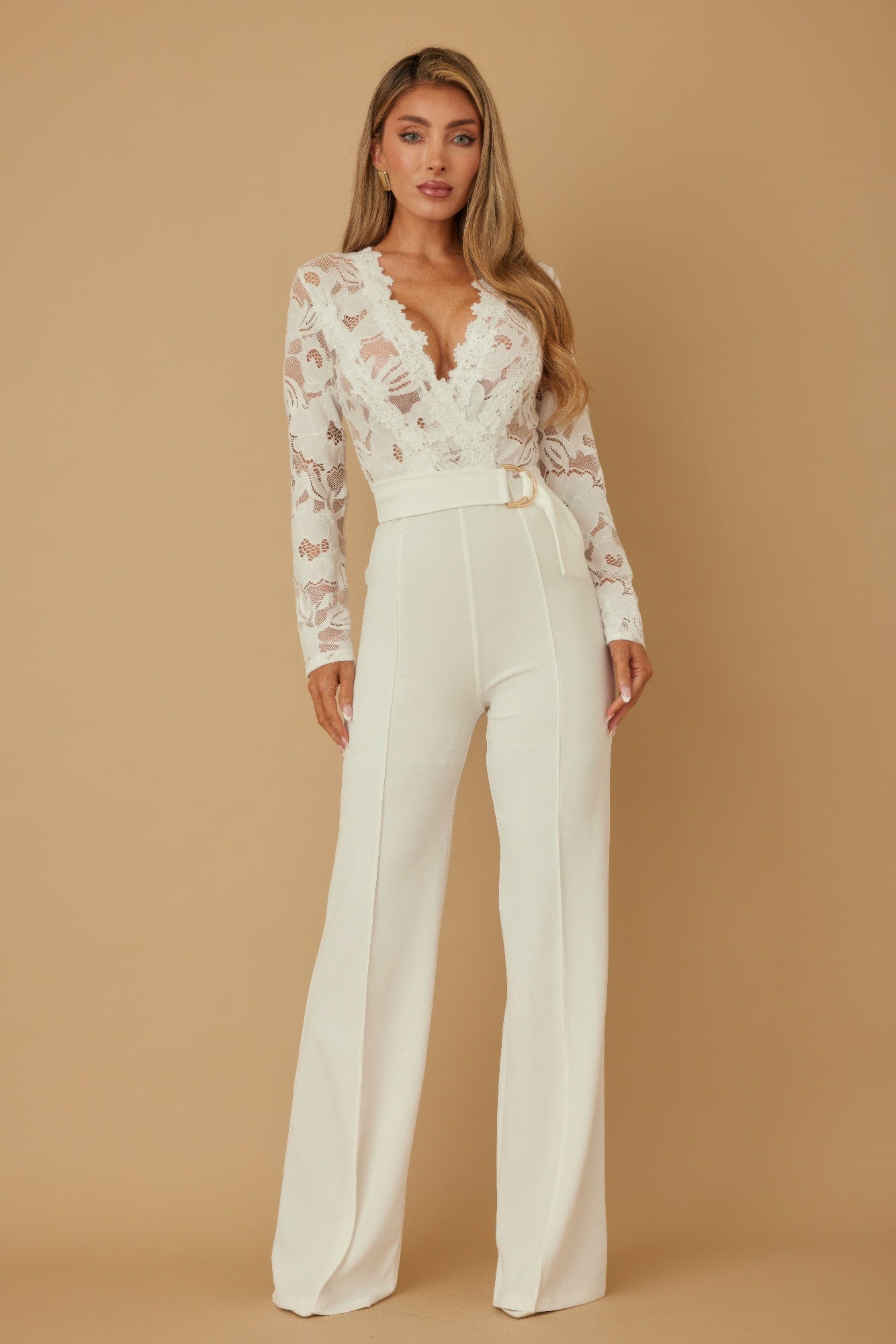 White lace crochet long-sleeve jumpsuit with V-neck and wide-leg pants
