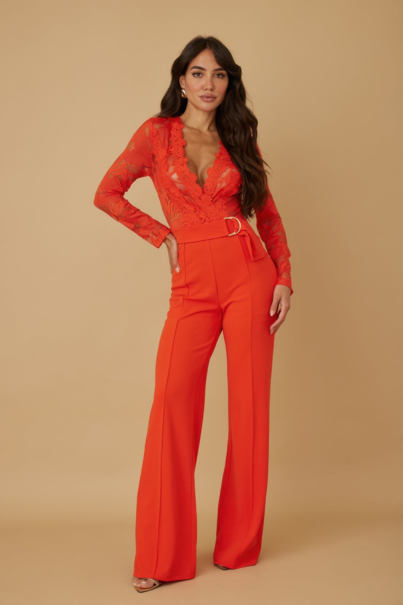 Orange lace crochet long-sleeve jumpsuit, V-neck, wide-leg pants