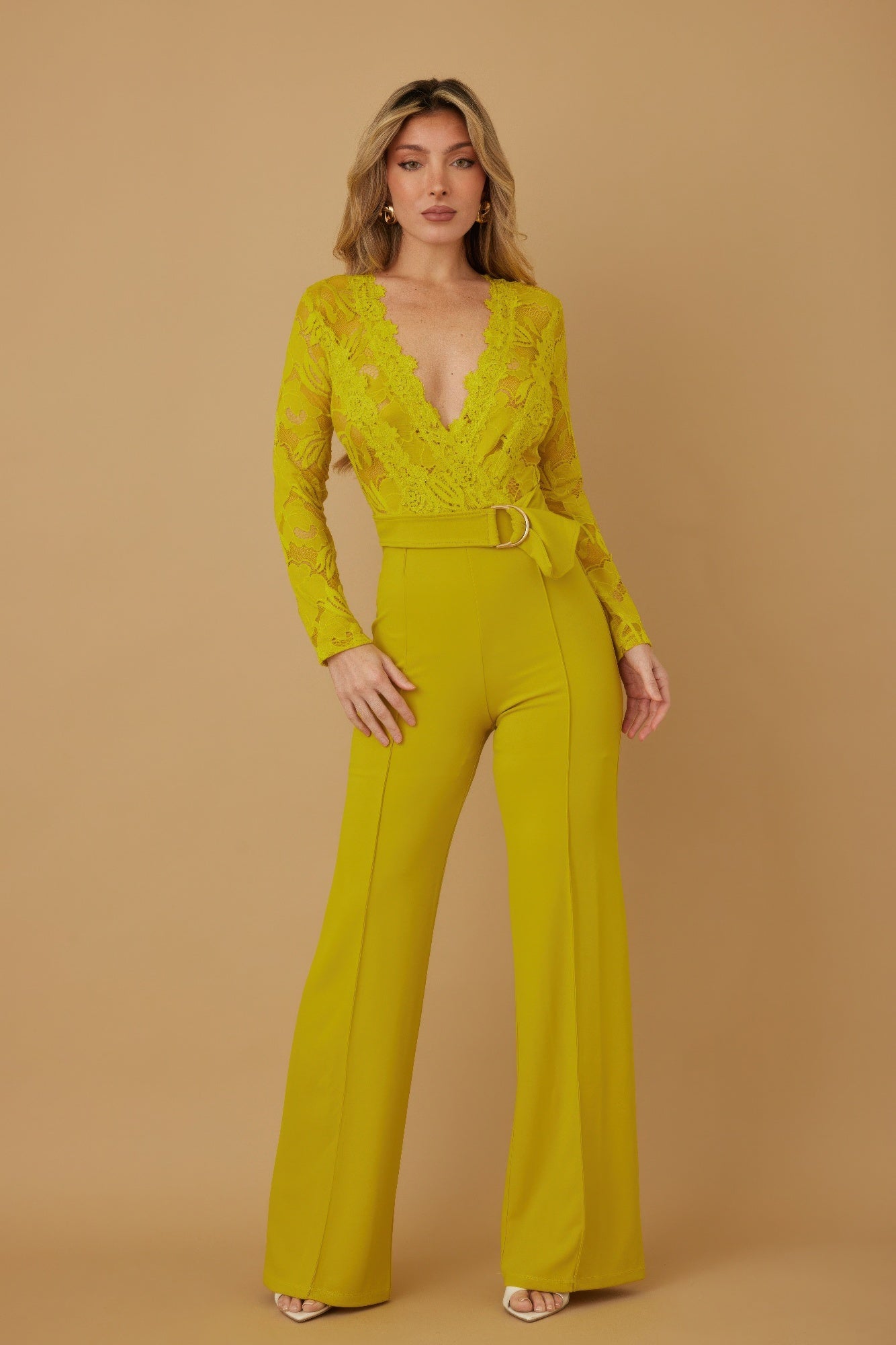 Lime lace crochet long-sleeve jumpsuit, deep V-neck, wide-leg pants