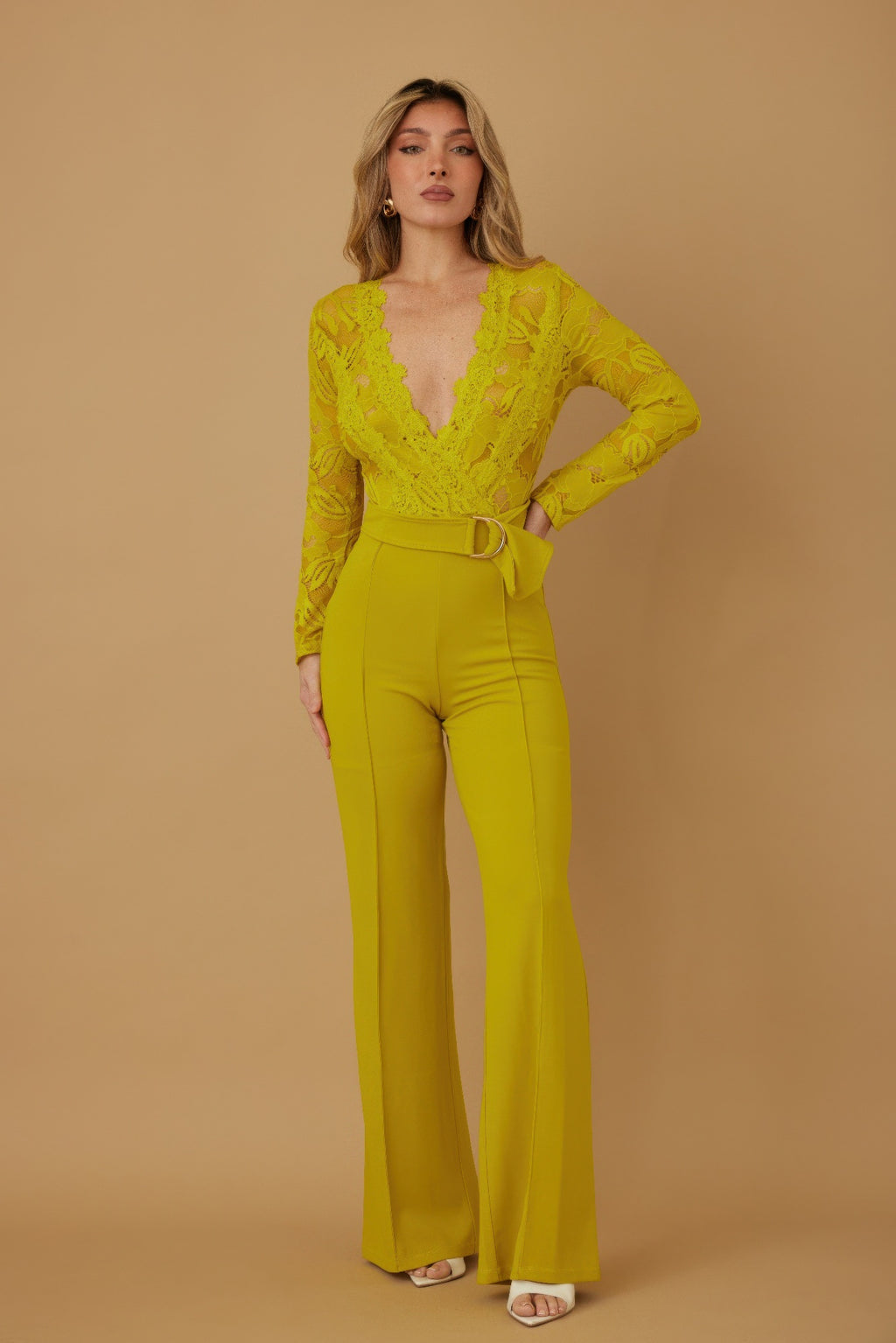 Lime lace crochet long-sleeve jumpsuit, belted waist, lace V-neck, wide-leg pants