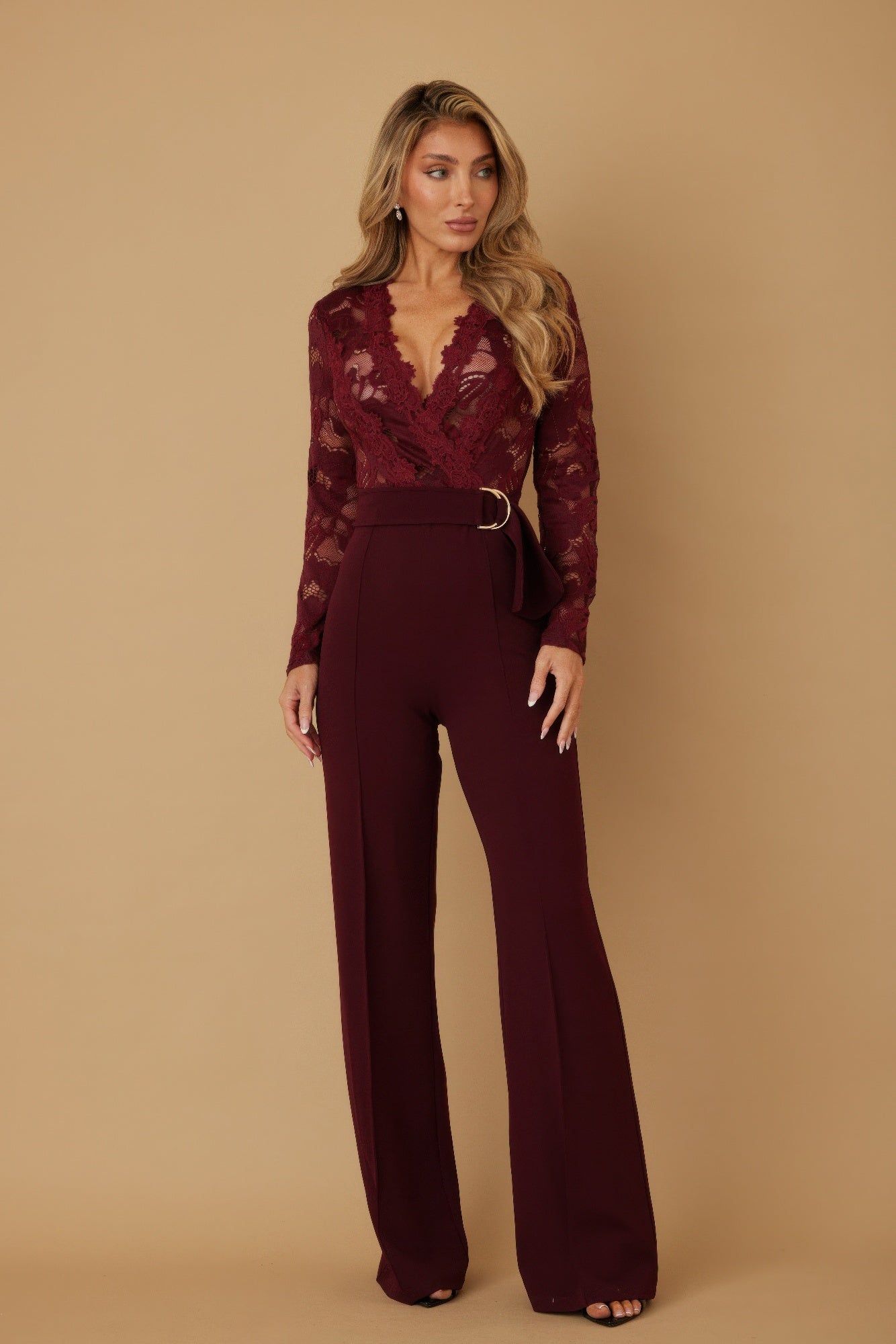 Burgundy lace long-sleeve jumpsuit, deep V-neck and wide-leg flared pants