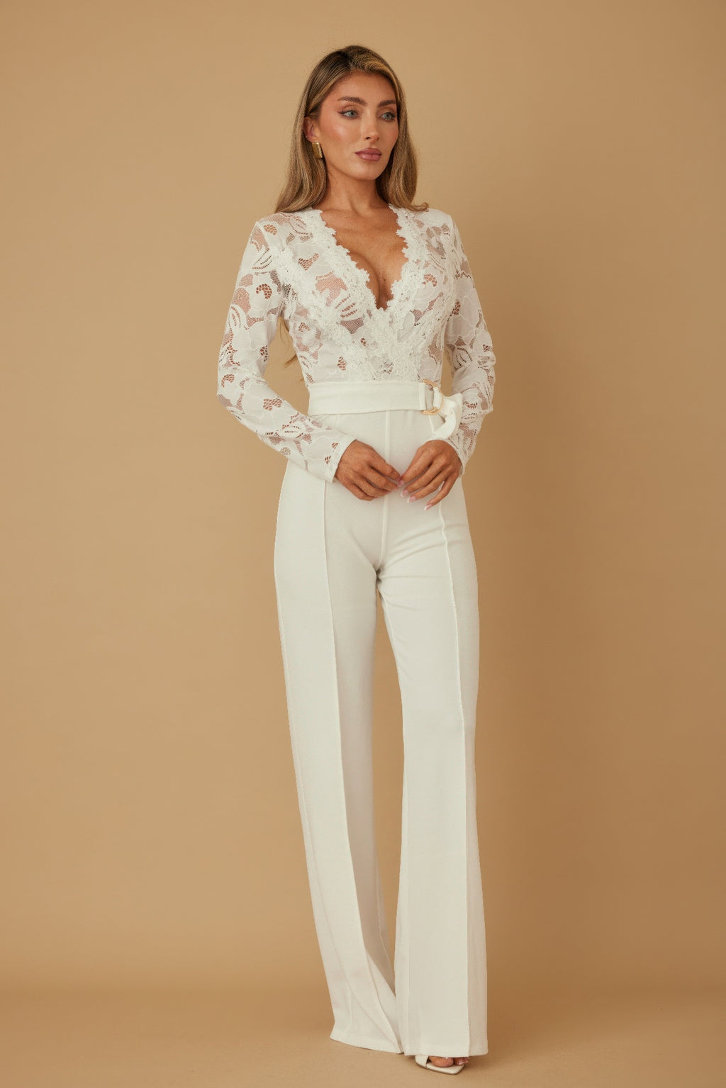 White lace crochet jumpsuit, fitted hips, wide-leg pant silhouette