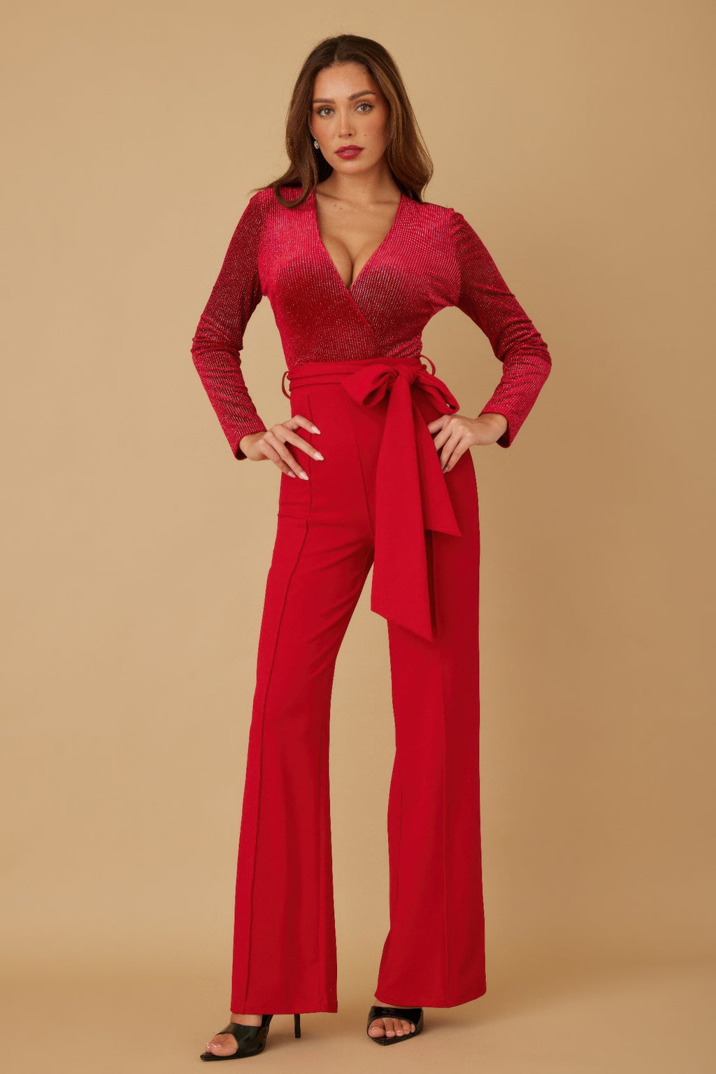 Red velvet top fashion jumpsuit with wrap-style V neckline and front waist bow