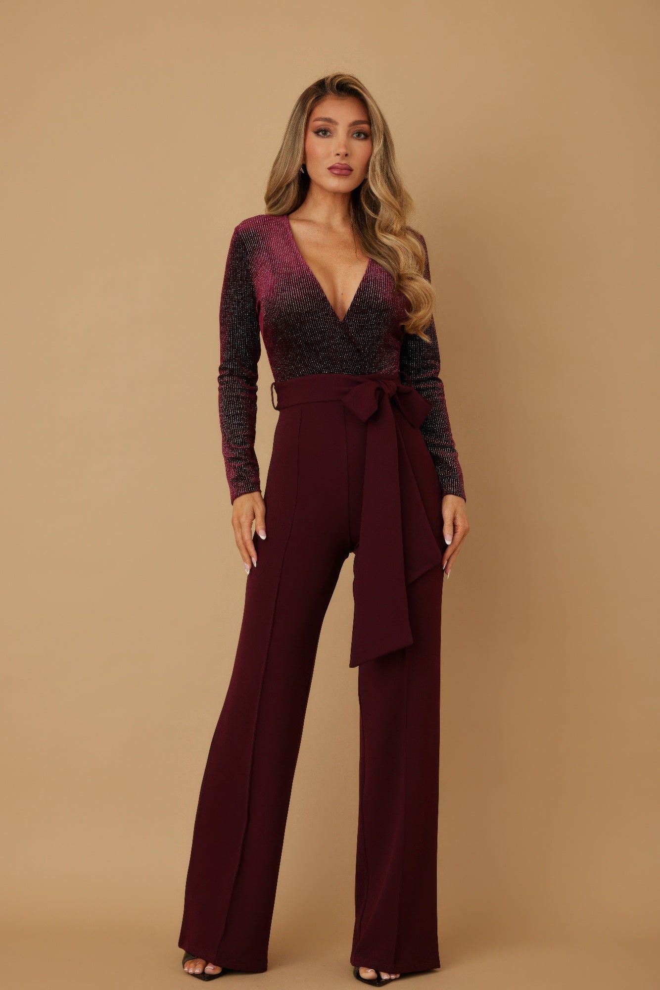 Wine velvet top fashion jumpsuit, V-neck long sleeves with waist tie and wide-leg pants