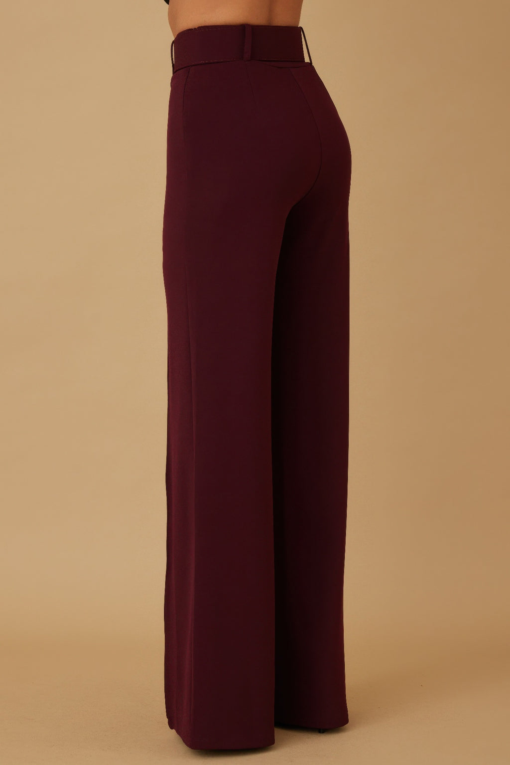 Wine high-waist pants with belt; back view showing wide straight legs.