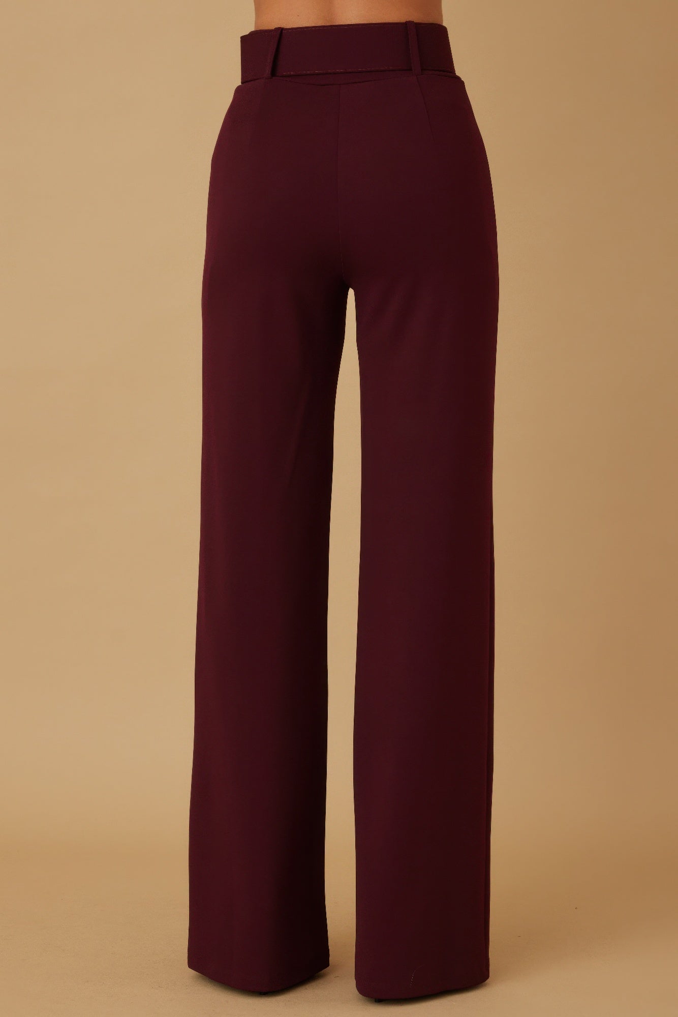 High-waist pants with buckle belt, wine