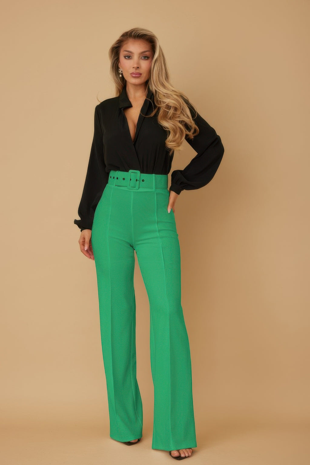 High Waist Pants With Buckle Belt - Tigbul's Variety Fashion Shop