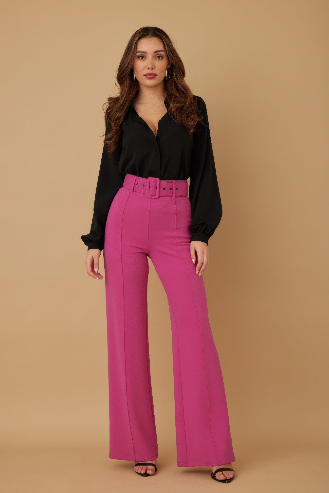 High-waist pants with buckle belt, magenta wide-leg trousers