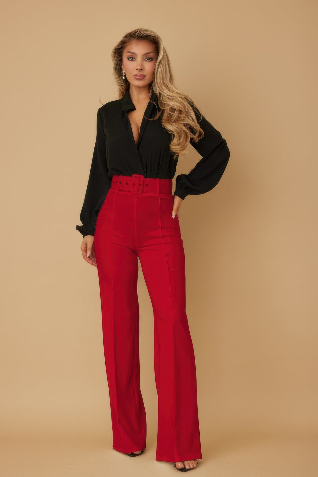 High-waist pants with buckle belt, red wide-leg trousers