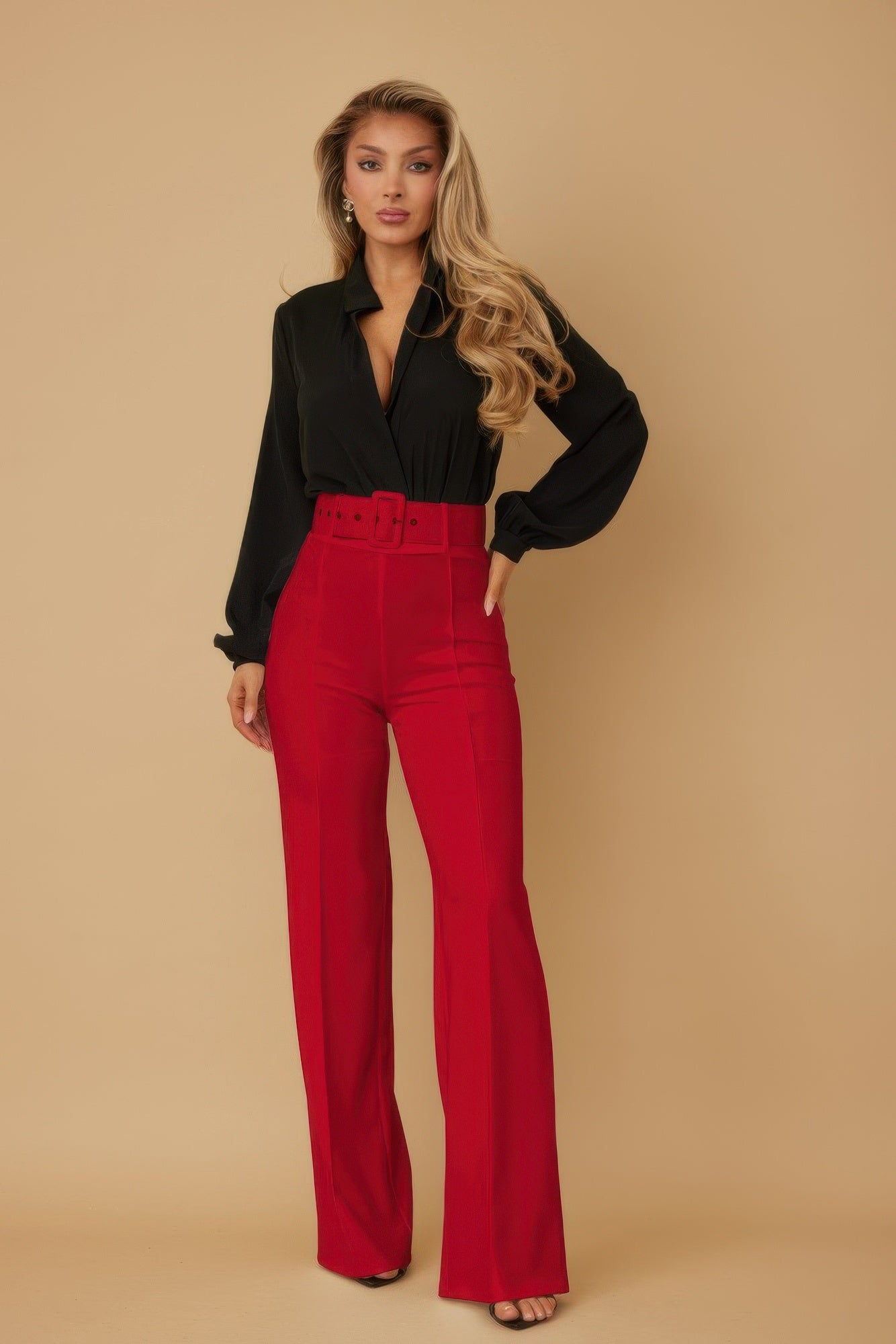 High-waist pants with buckle belt, red wide-leg trousers
