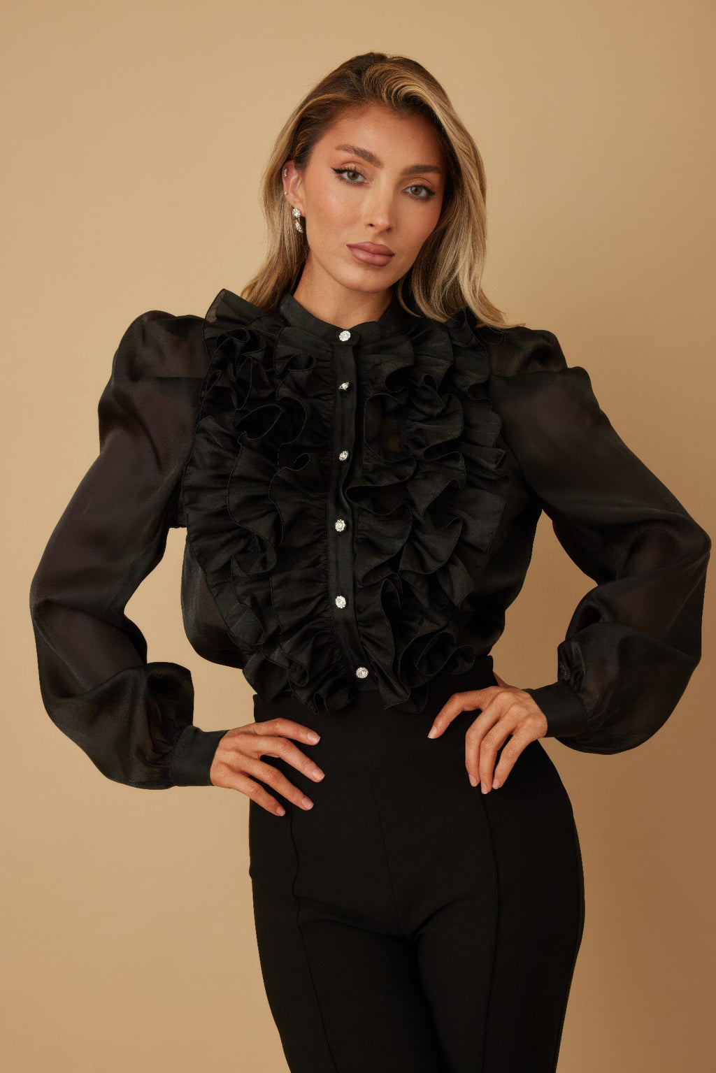 Ruffle Micro Crystal Long Sleeve Blouse, schwarz, Rüschenkragen, Knopfleiste mit Glanzknöpfen