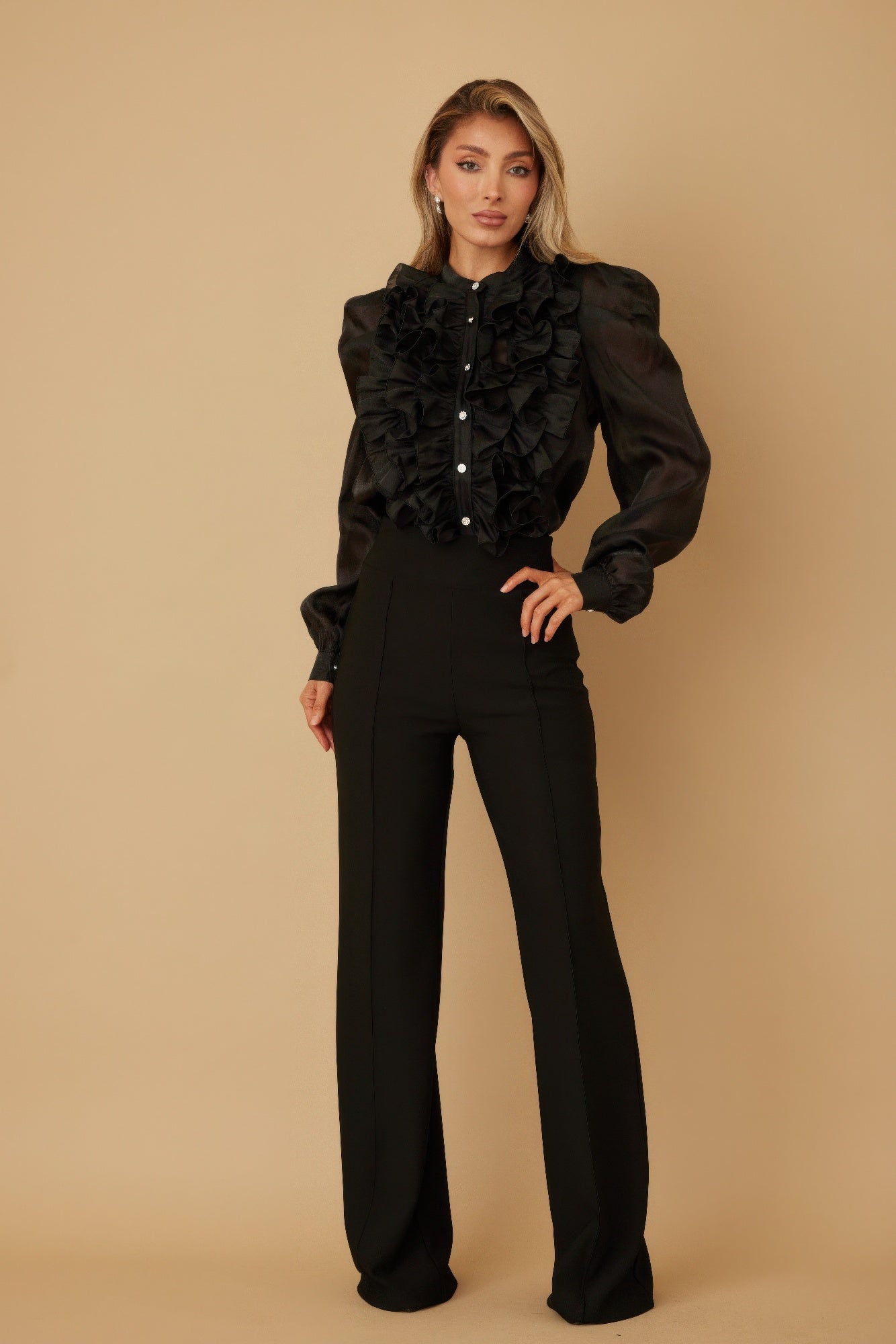 Ruffle Micro Crystal Long Sleeve Blouse, schwarz, voluminöse Rüschen vorne, lange Puffärmel