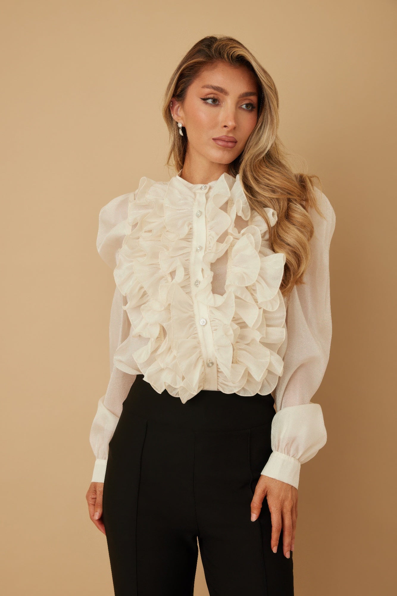 Ruffle Micro Crystal Long Sleeve Blouse, cremeweiß, voluminöse Rüschen vorn, Knöpfe