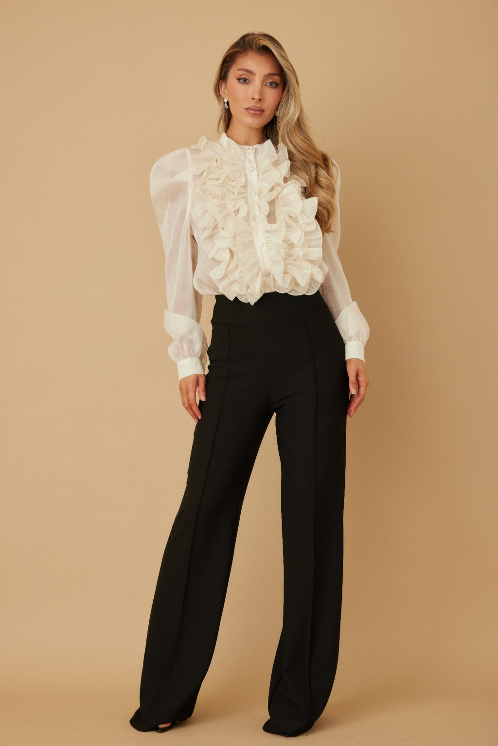 Ruffle Micro Crystal Long Sleeve Blouse, cremeweiß, hohe Rüschen am Ausschnitt, Puffärmel