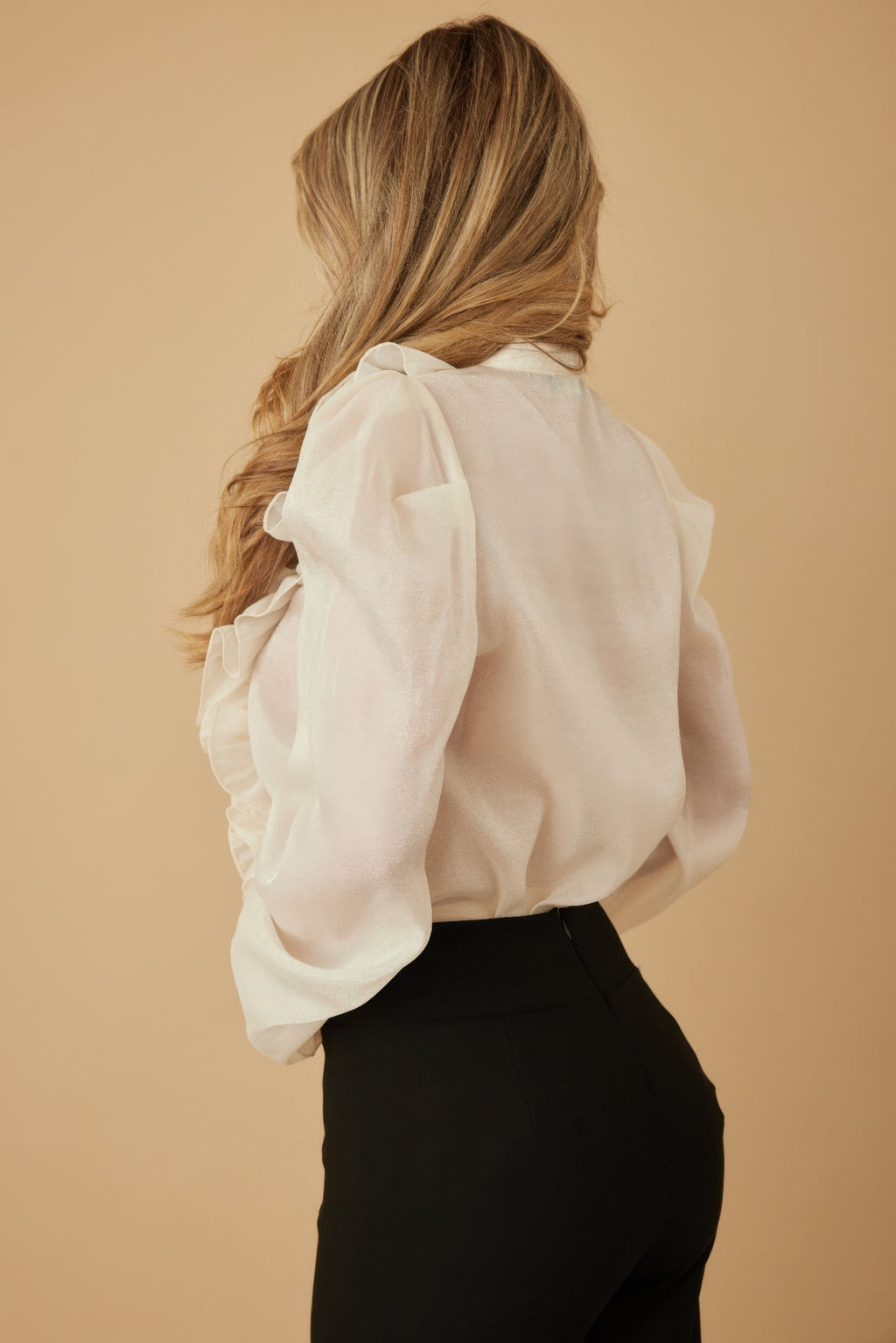 Ruffle Micro Crystal Long Sleeve Blouse, cremeweiß, Rückansicht mit Puffärmeln