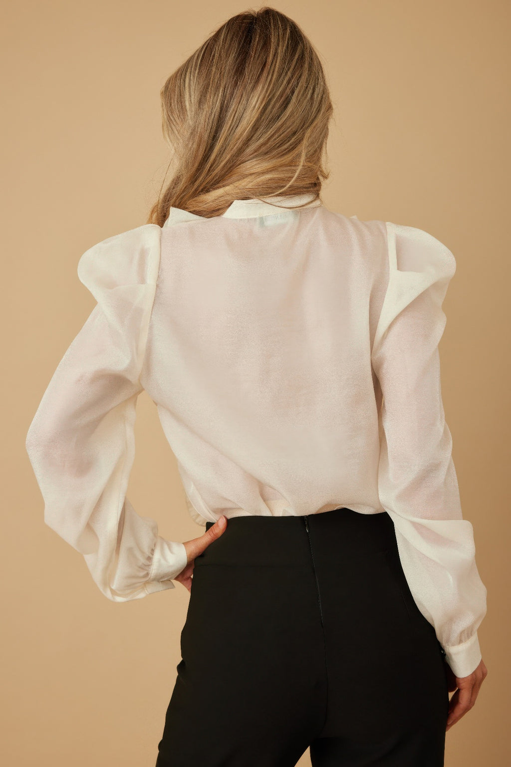 Ruffle Micro Crystal Long Sleeve Blouse, cremeweiß, Rückenkragen mit Volants, Puffärmel