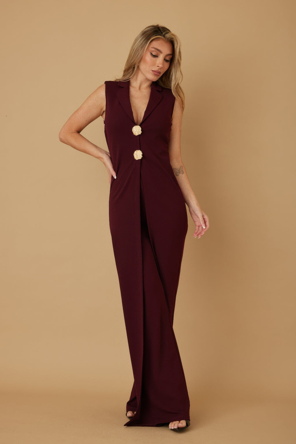 Wine open-front jumpsuit with V-neckline and two gold-toned metal shank buttons