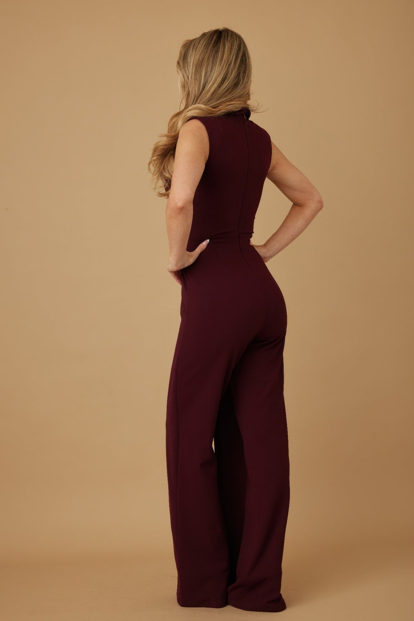 Wine jumpsuit back view with high back and tailored seams, wide-leg silhouette