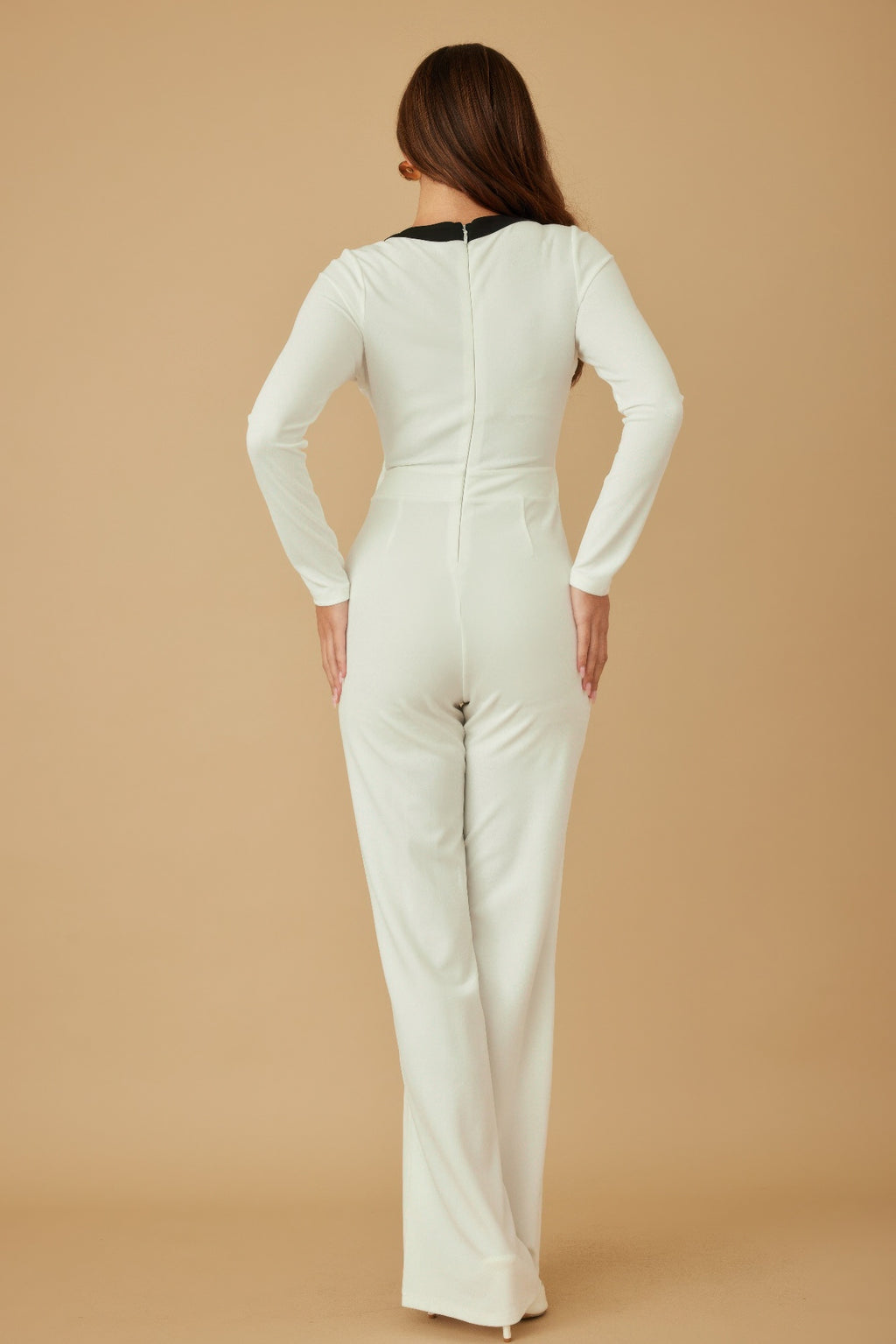 Mirror Stone Long Layer Jumpsuit—cream long-sleeve back view with center back zip.