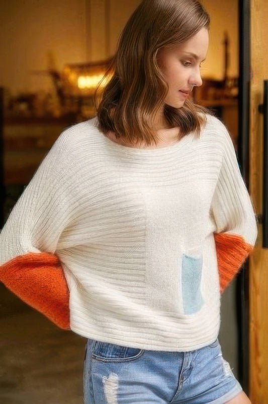Boat Neckline Color Block Sweater - Tigbul's Variety Fashion Shop