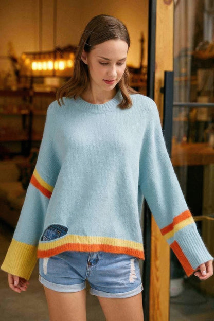 Color Block Sweater With Cut Out - Tigbul's Variety Fashion Shop