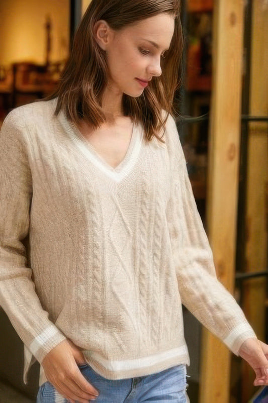 Braid Knit V Neck Sweater - Tigbul's Variety Fashion Shop