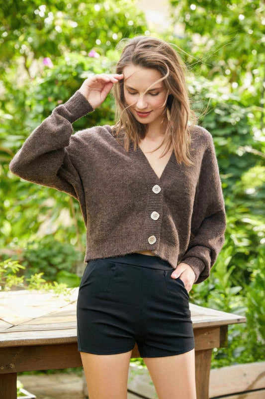 Low V-neck Button Sweater Top - Tigbul's Variety Fashion Shop