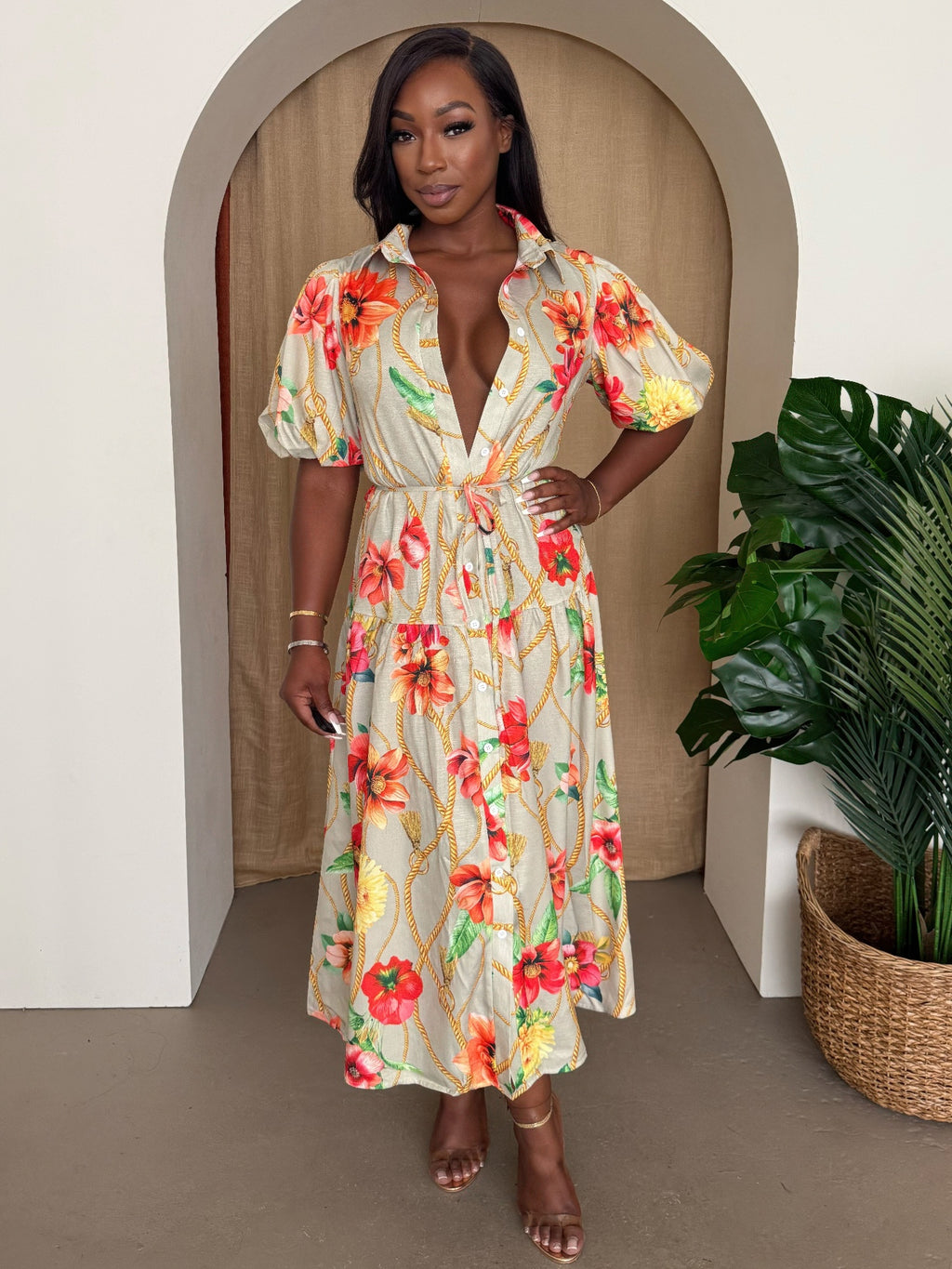 Tropic Thread dress in white floral print, V-neck, puff sleeves, tie-waist midi