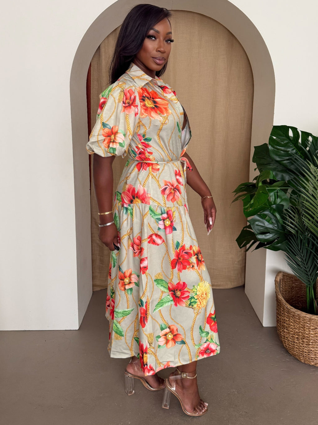 Tropic Thread dress floral midi with button-front collar and gathered puff sleeves