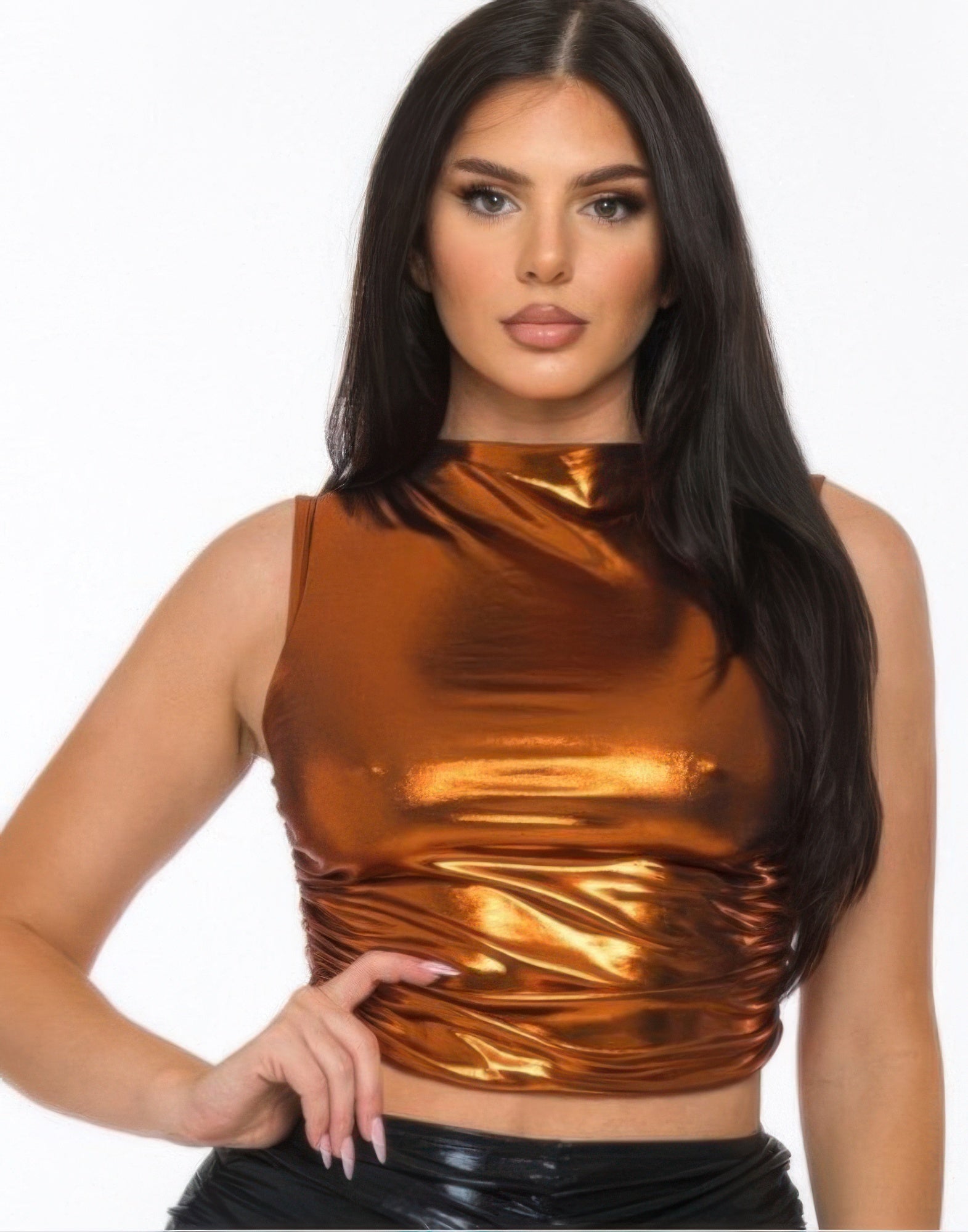 Metallic mock neck crop top, bronze-gold sheen with sleeveless cut