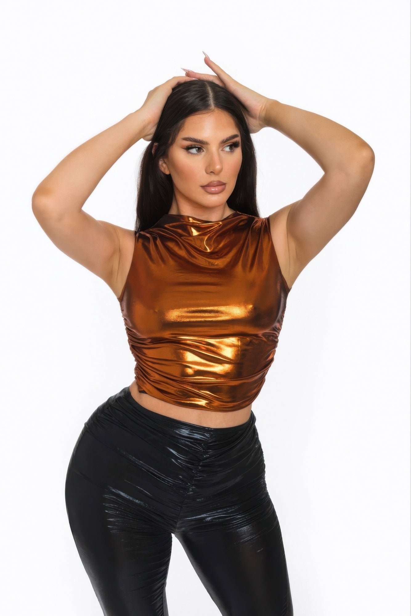 Metallic mock neck crop top, bronze-gold draped front, sleeveless