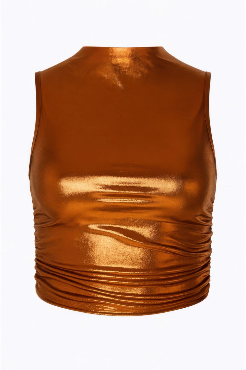 Back view: metallic mock neck crop top, bronze-gold sheen with draped detailing