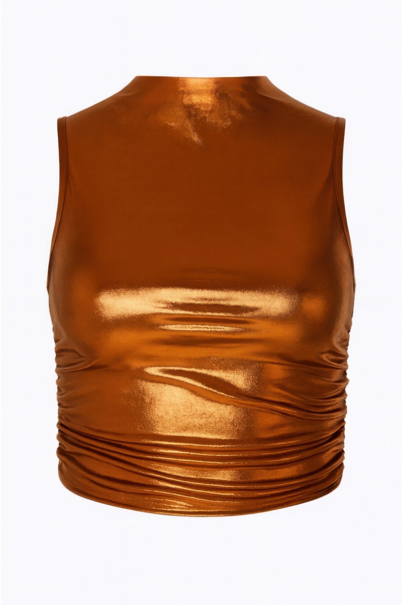 Back view: metallic mock neck crop top, bronze-gold sheen with draped detailing
