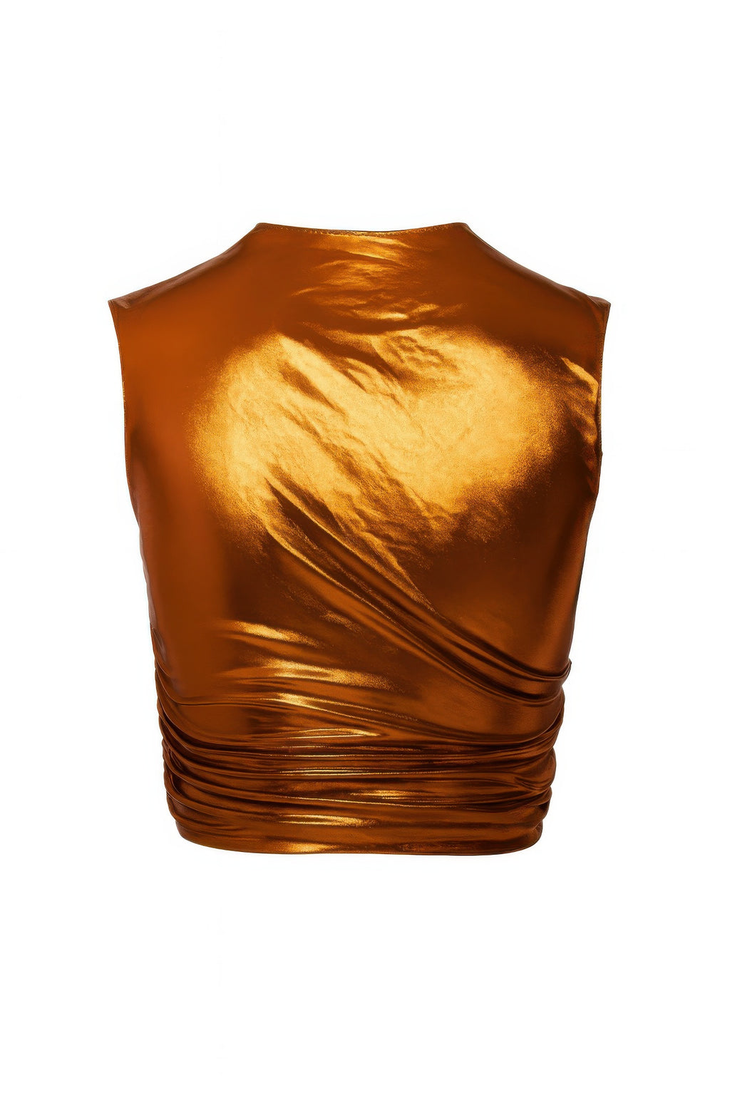 Studio view: metallic mock neck crop top, bronze-gold sheen with gathered hem