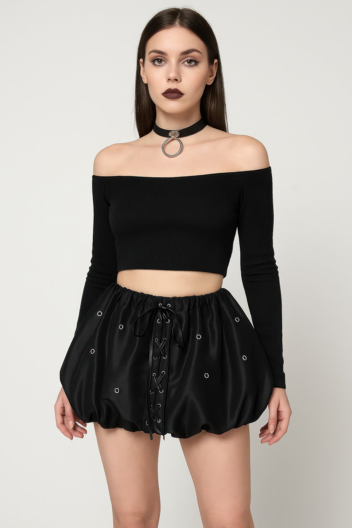 Bubble lace-up mini skirt, black with ruched waistband and eyelet details