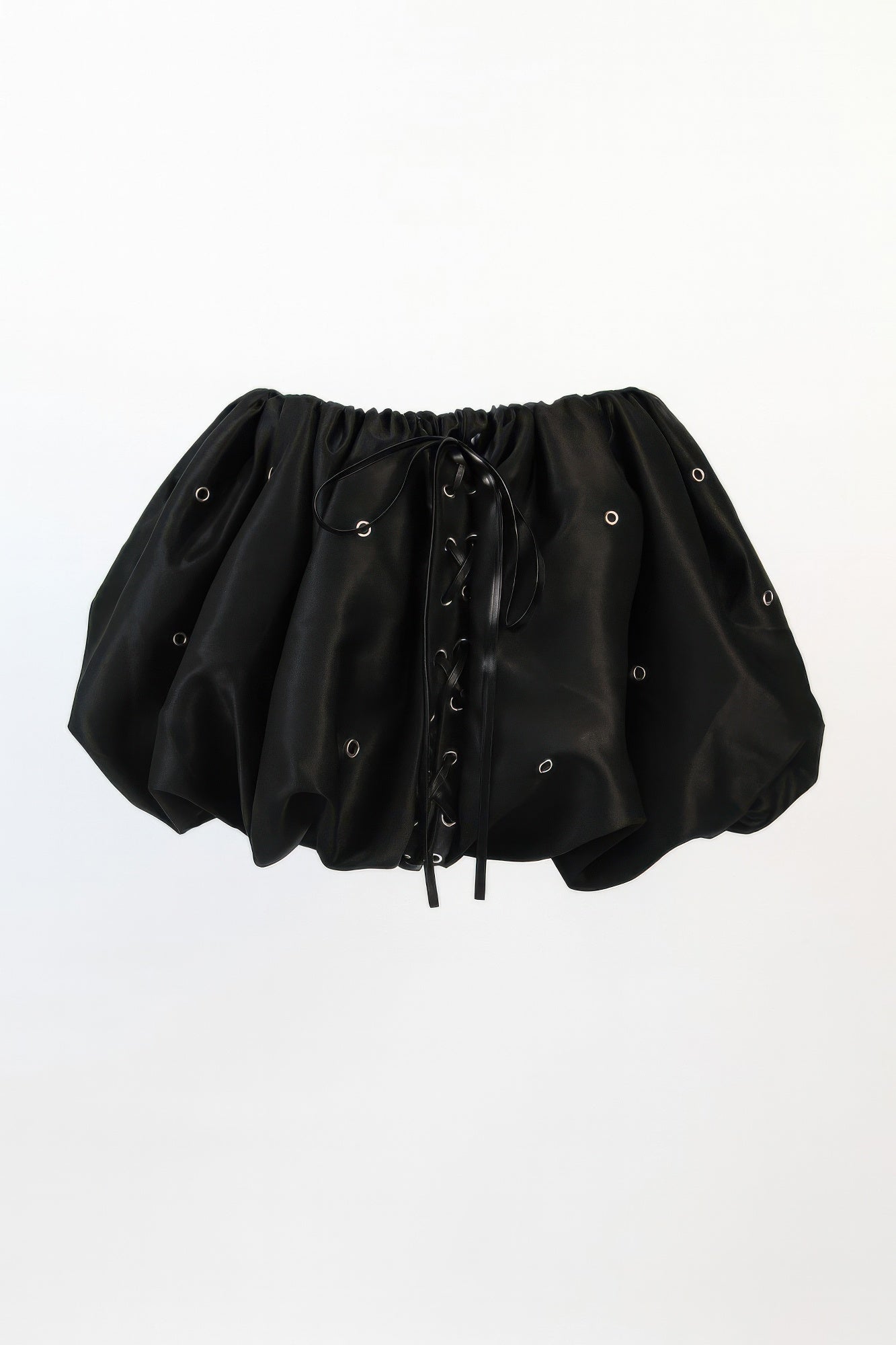 Black bubble mini skirt with lace-up front ties and scattered eyelet accents