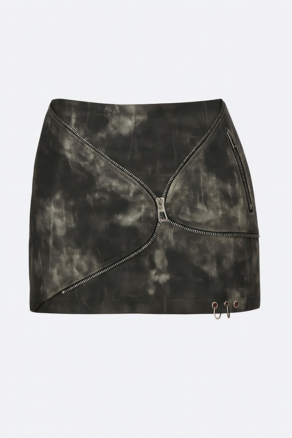 Close-up: dark tie-dye faux leather mini skirt with front zip and contrast stitching