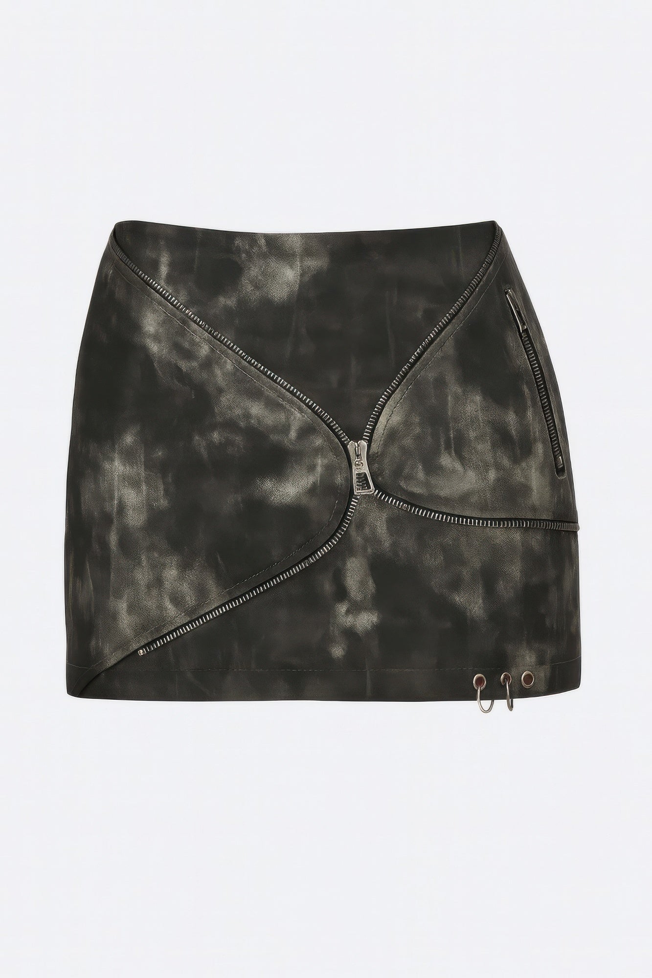 Close-up: dark tie-dye faux leather mini skirt with front zip and contrast stitching