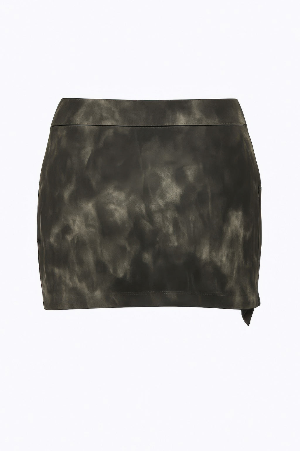 Back view mini skirt in dark tie-dye faux leather with plain panel and center back seam