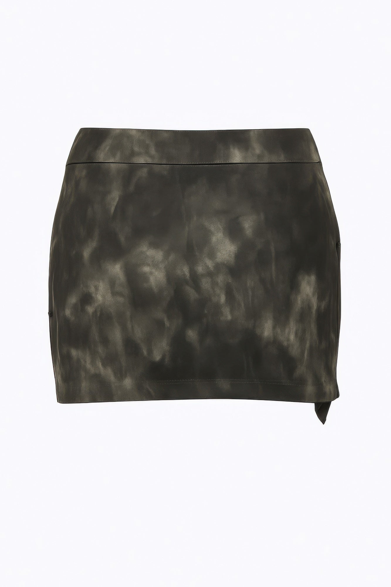 Back view mini skirt in dark tie-dye faux leather with plain panel and center back seam