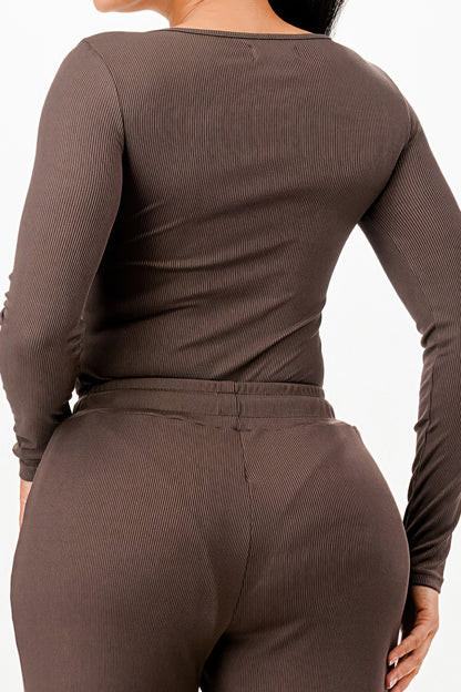 Long Sleeve Ribbed Bodysuit And Pants Set - Tigbul's Variety Fashion Shop