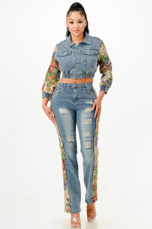 Tapestry Contrast Denim Set - Tigbul's Variety Fashion Shop