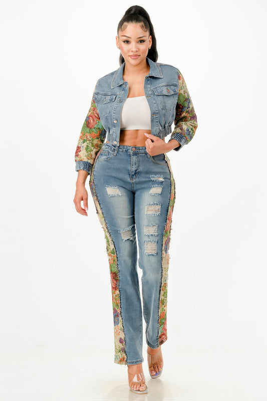 Tapestry Contrast Denim Set - Tigbul's Variety Fashion Shop