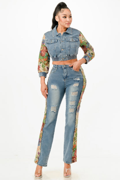 Tapestry Contrast Denim Set - Tigbul's Variety Fashion Shop